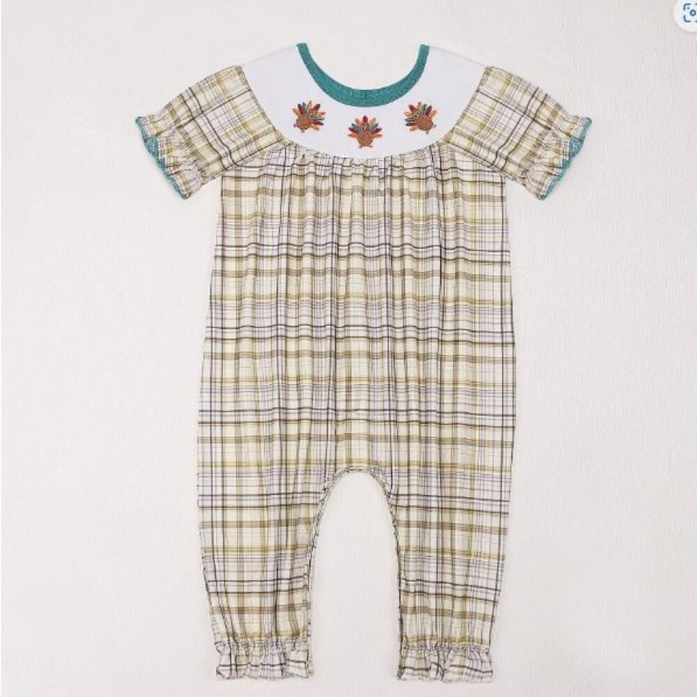 Boutique Baby Girls Thanksgiving Turkey Embroidered Romper Jumpsuit